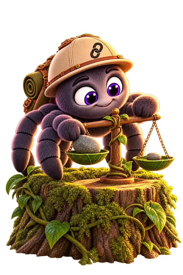 Maskot webu, pavúk v prieskumníckom klobúku, váži na drevených váhach dva kamene.