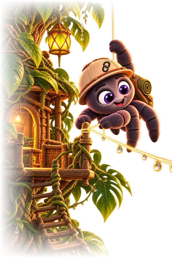 Maskot webu, pavúk v prieskumníckom klobúku, naťahuje vlákno z domčeka na strome k ďalšiemu.