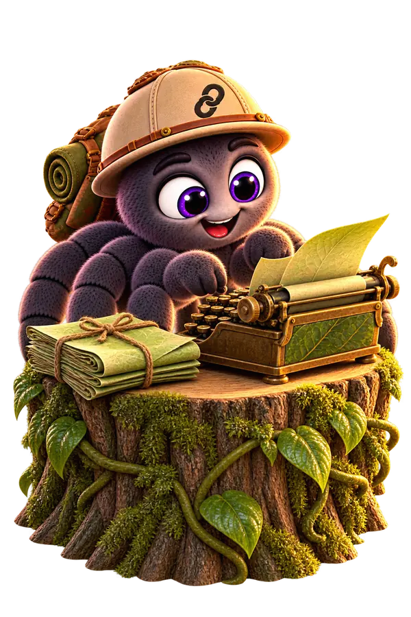 Maskot webu, pavúk v prieskumníckom klobúku, píše na starom písacom stroji.