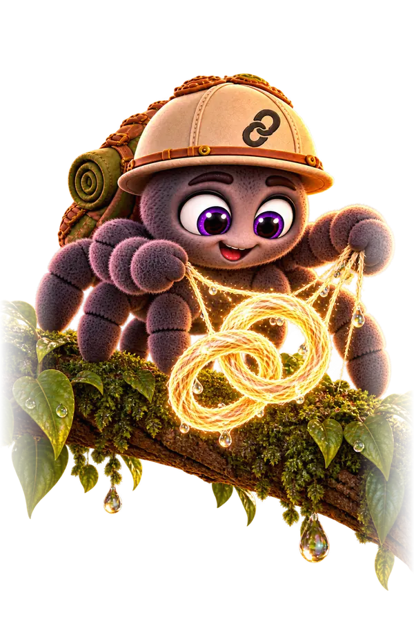 Maskot webu, pavúk v prieskumníckom klobúku, spletá z vlákna dva krúžky do článku reťaze.